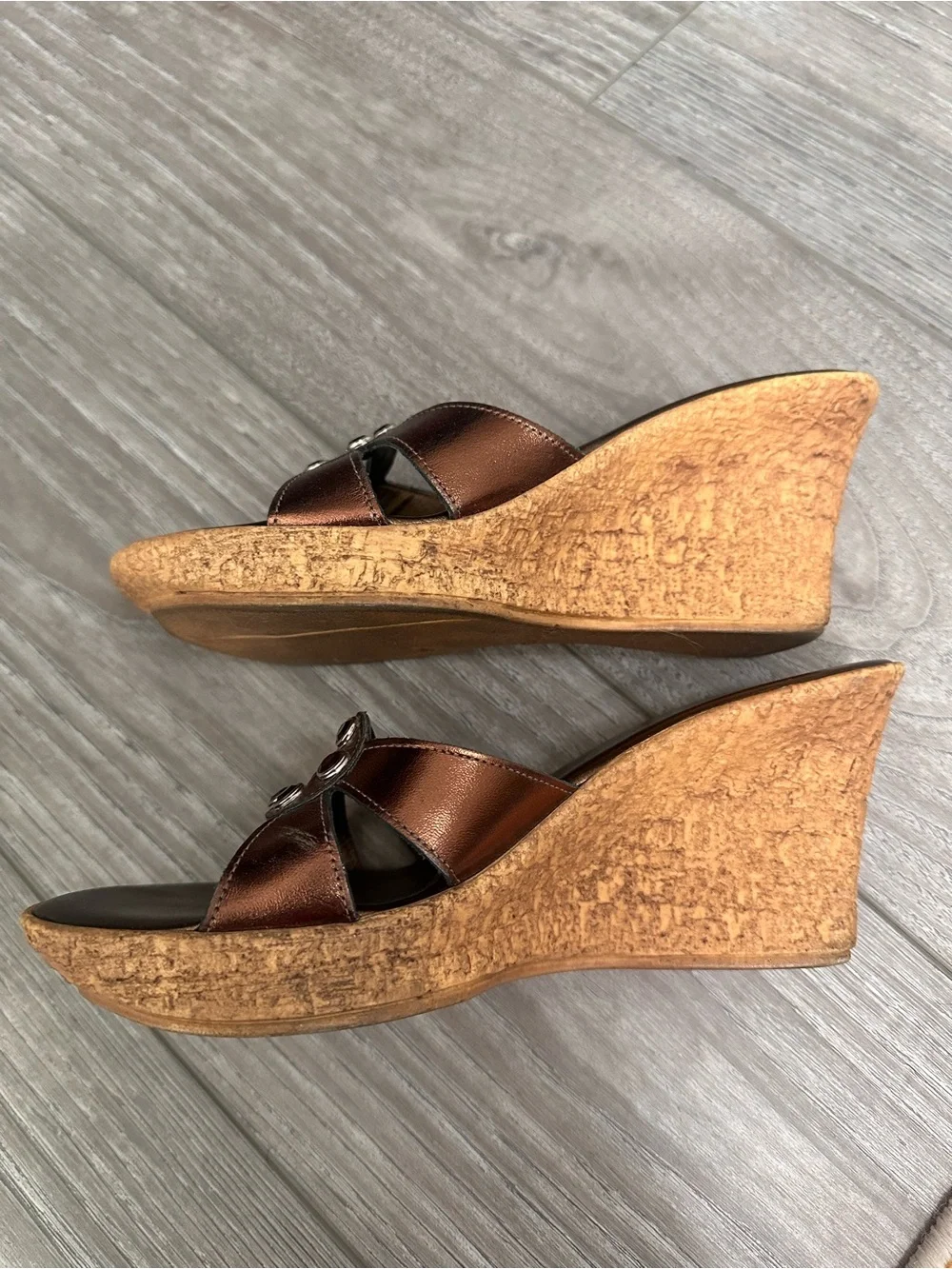 Athena Alexander Bronze Metallic Wedge Slide Sandals with Amber Accents